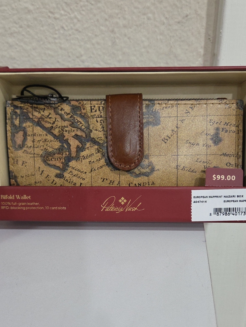 Patricia Nash Vintage Map Print Leather Bifold Wallet in Brown and Tan